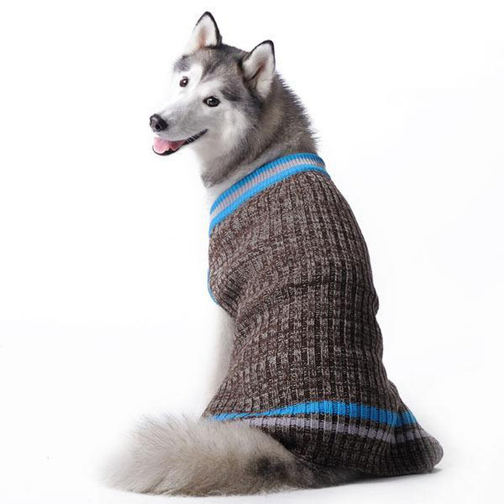 City V-Neck Dog Sweater - Brown with Blue Trim by Dogo