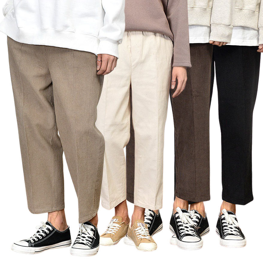 Corduroy wide trousers for men, ideal for formal or casual occasions, featuring a cropped style with a Korean guys' Kpop waistba