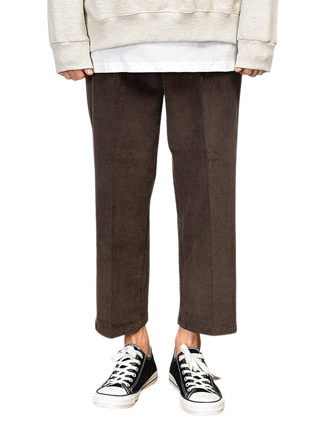 Corduroy wide trousers for men, ideal for formal or casual occasions, featuring a cropped style with a Korean guys' Kpop waistba