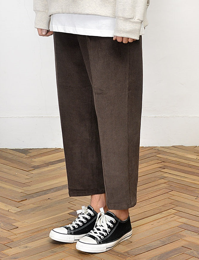 Corduroy wide trousers for men, ideal for formal or casual occasions, featuring a cropped style with a Korean guys' Kpop waistba