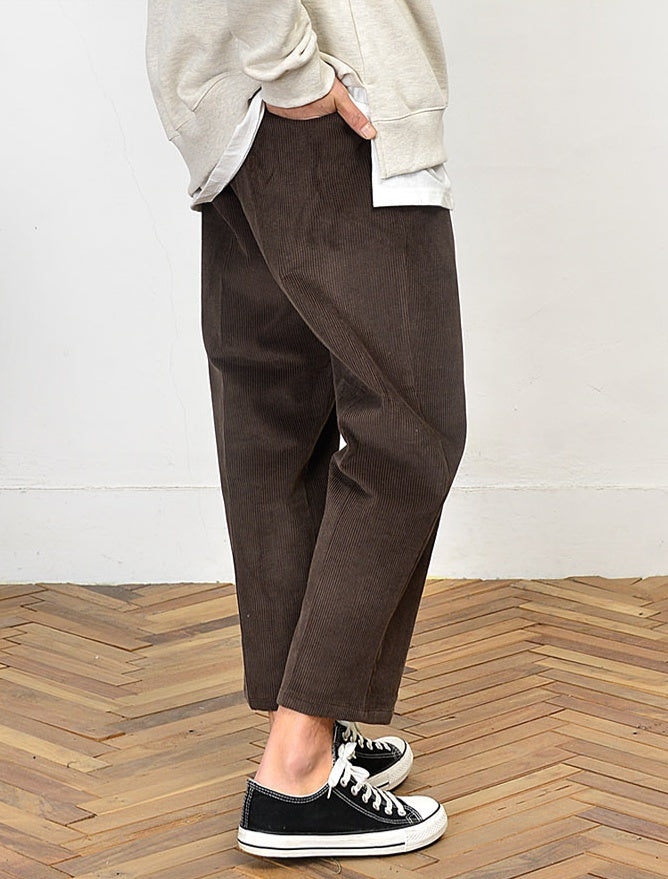 Corduroy wide trousers for men, ideal for formal or casual occasions, featuring a cropped style with a Korean guys' Kpop waistba