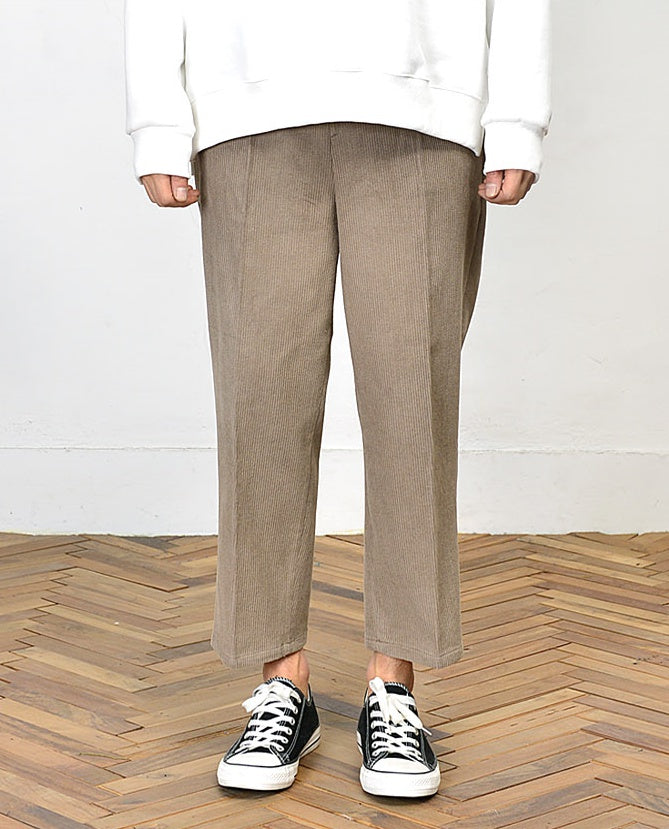 Corduroy wide trousers for men, ideal for formal or casual occasions, featuring a cropped style with a Korean guys' Kpop waistba