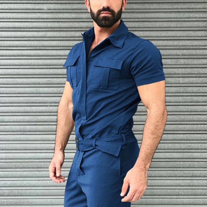 Cotton men's casual jumpsuit with belt - S3187161