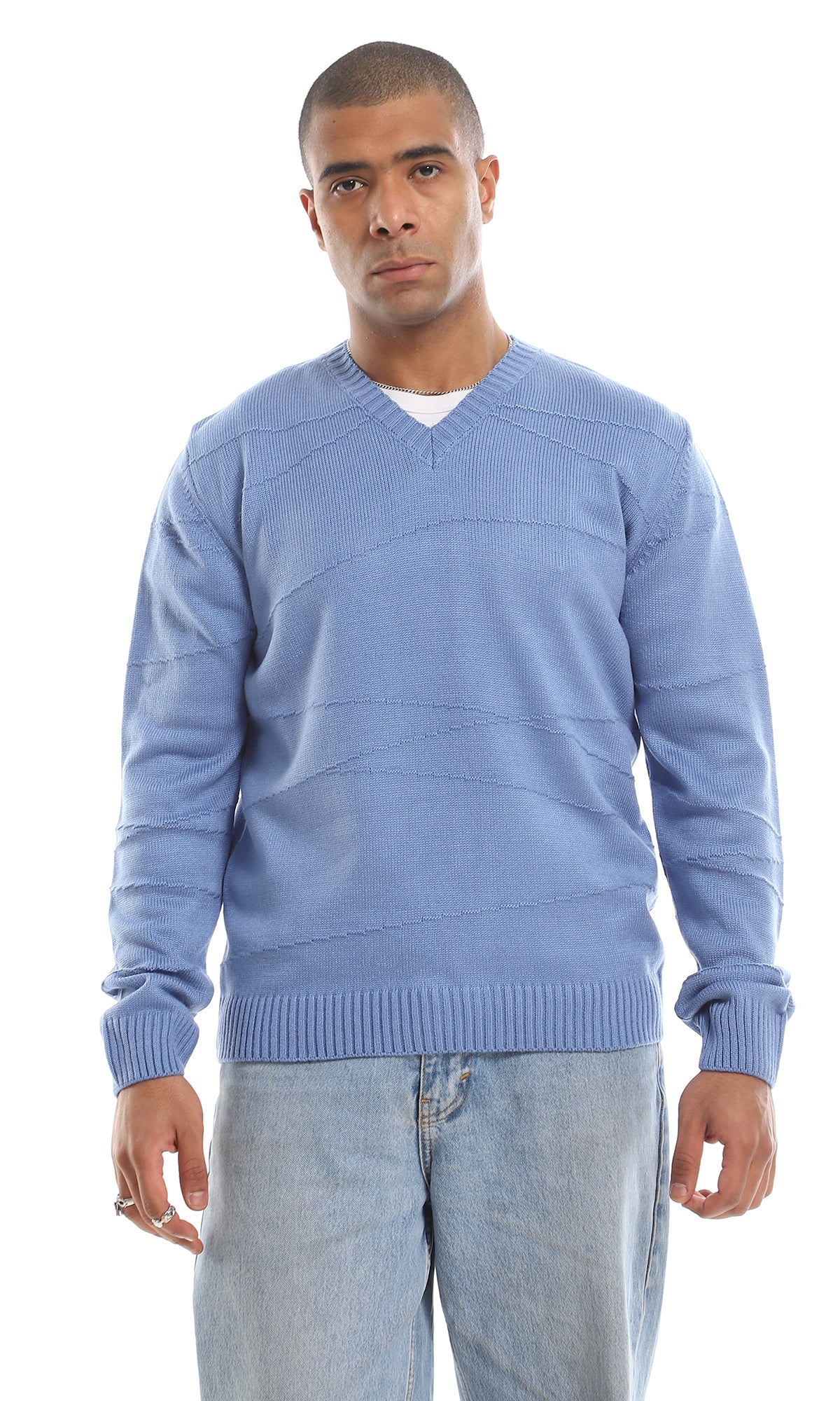 Cozy V-Neck Cornflower Knitted Acrylic Pullover