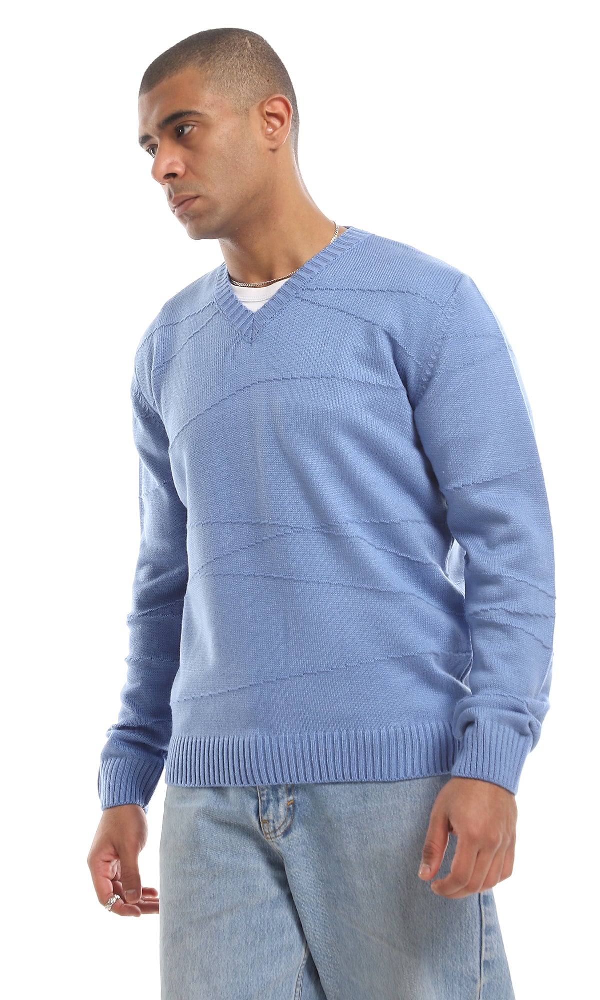 Cozy V-Neck Cornflower Knitted Acrylic Pullover