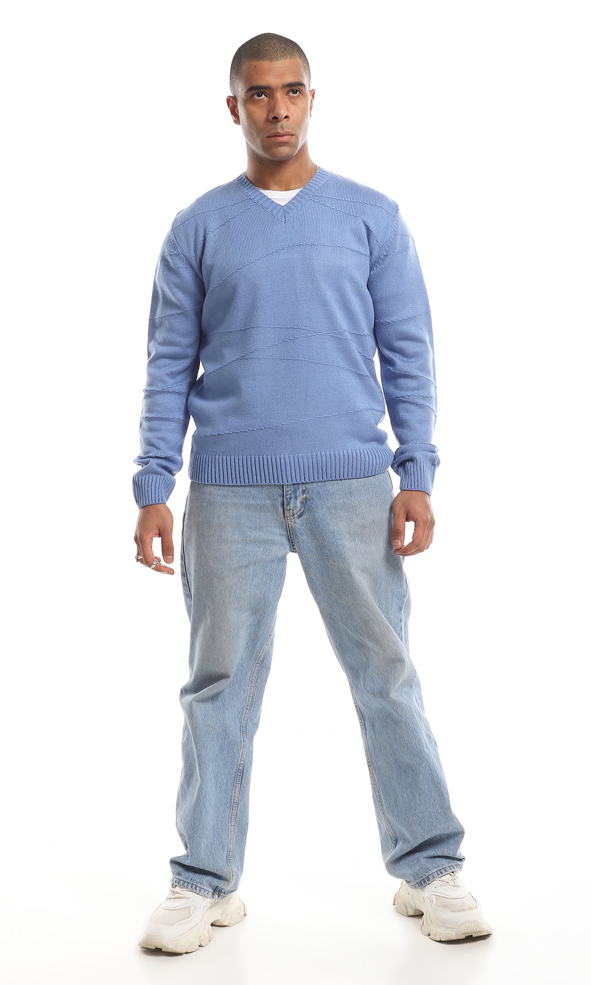 Cozy V-Neck Cornflower Knitted Acrylic Pullover