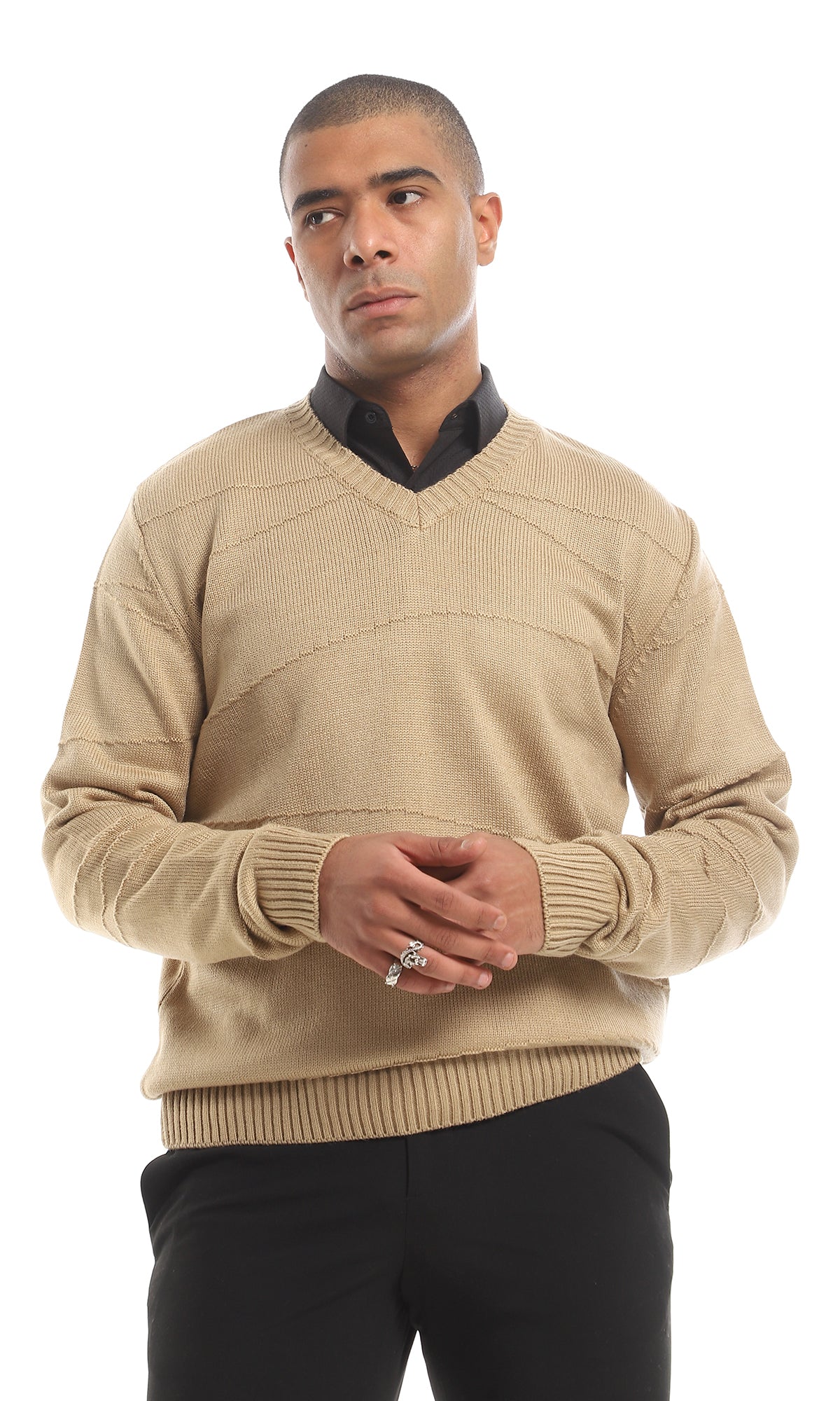 Cozy V-Neck Knitted Acrylic Pullover, Coffee - O161325