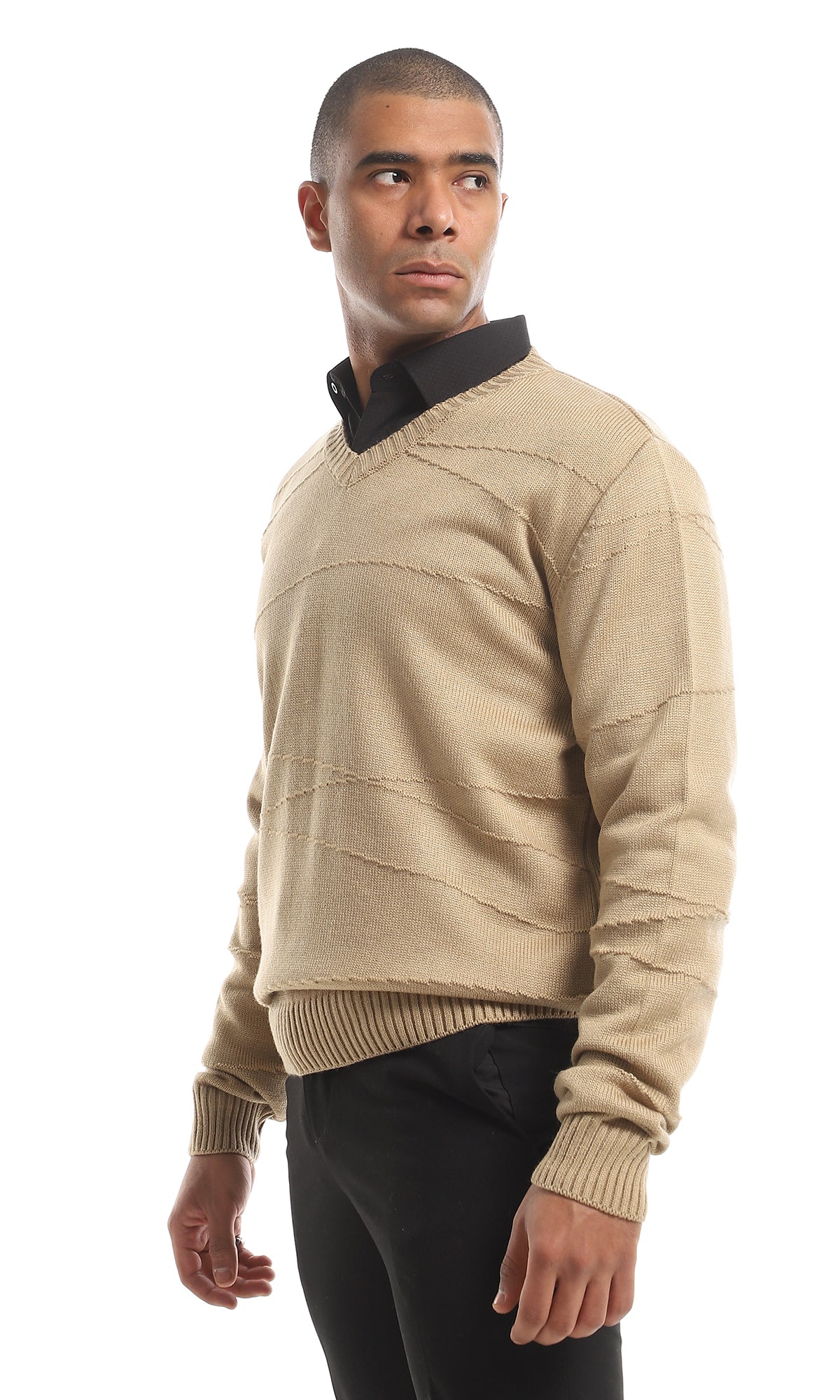 Cozy V-Neck Knitted Acrylic Pullover, Coffee - O161325