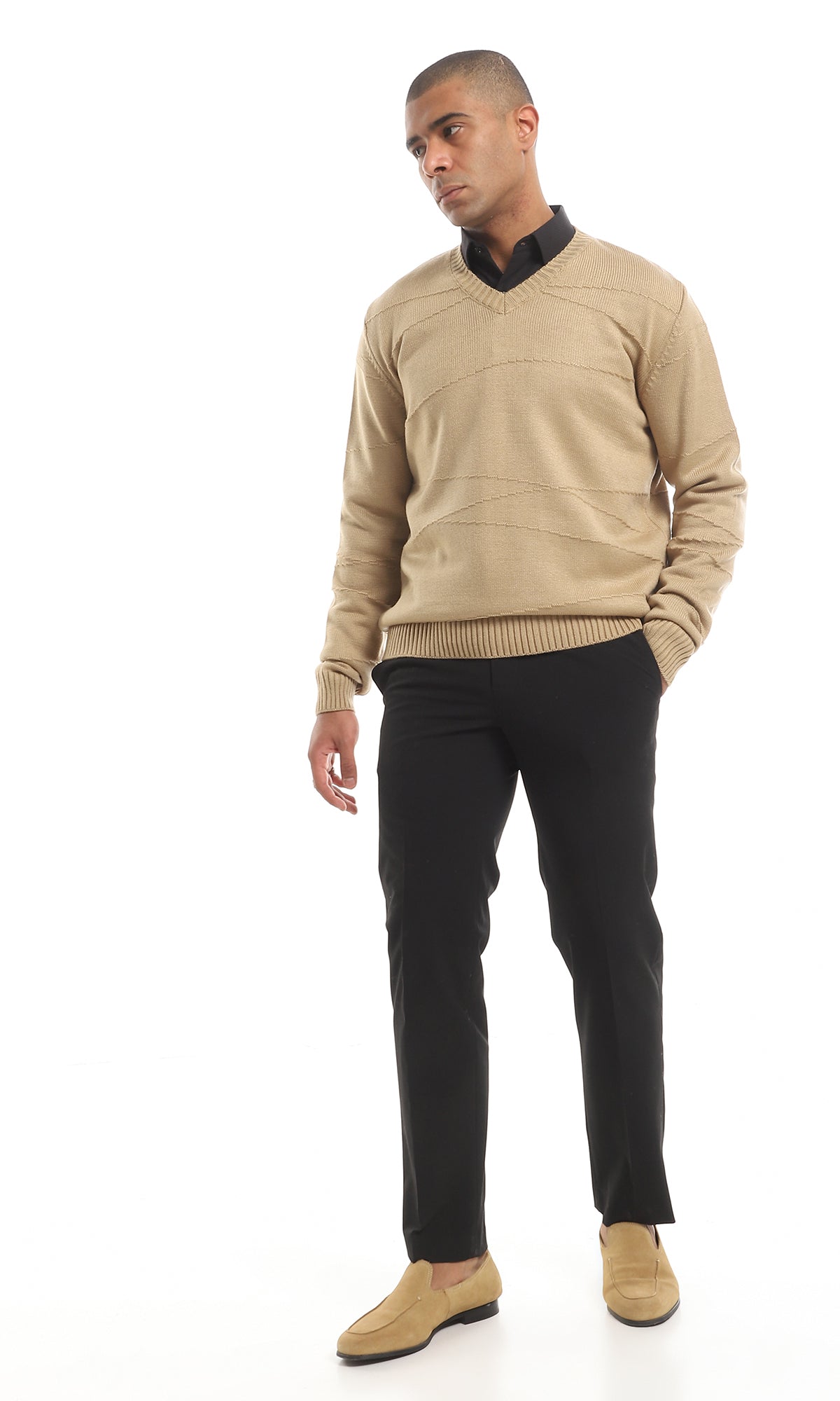 Cozy V-Neck Knitted Acrylic Pullover, Coffee - O161325