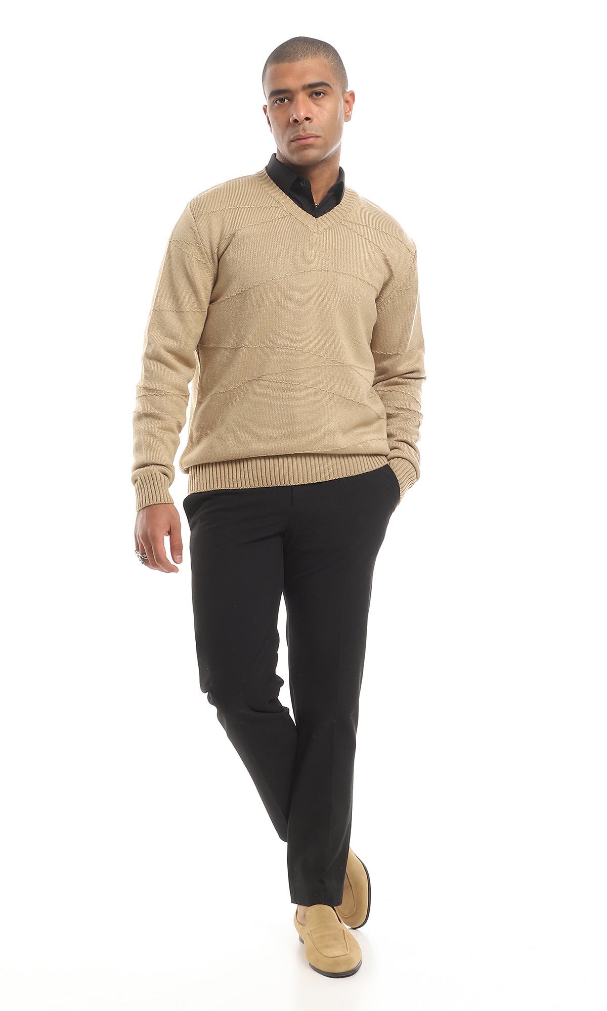 Cozy V-Neck Knitted Acrylic Pullover, Coffee - O161325