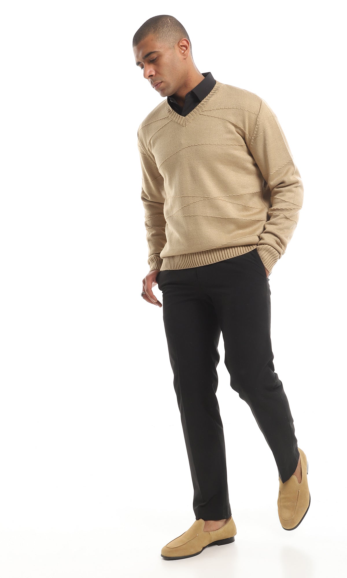 Cozy V-Neck Knitted Acrylic Pullover, Coffee - O161325