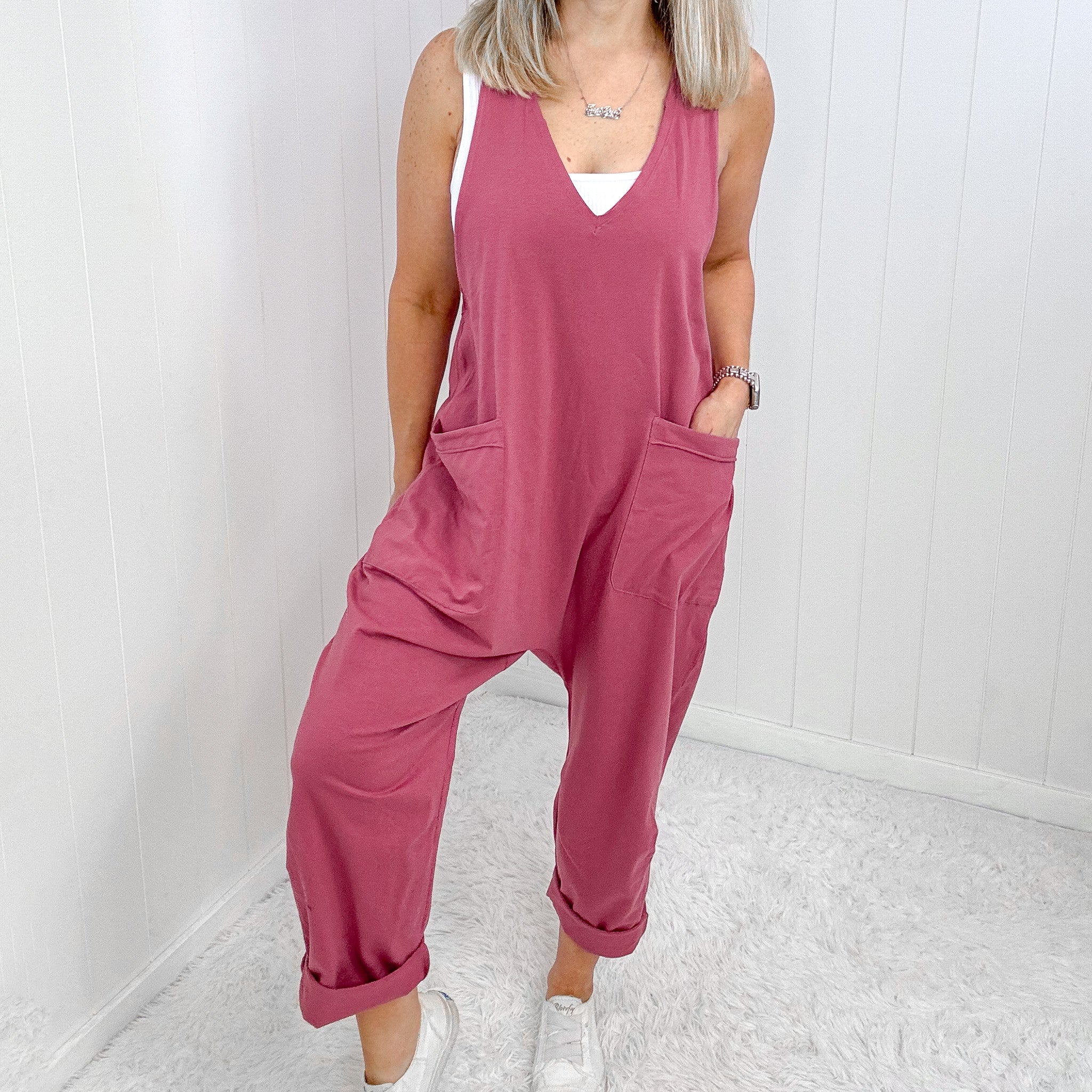 Dark Rose Sleeveless Jumpsuit with Pockets