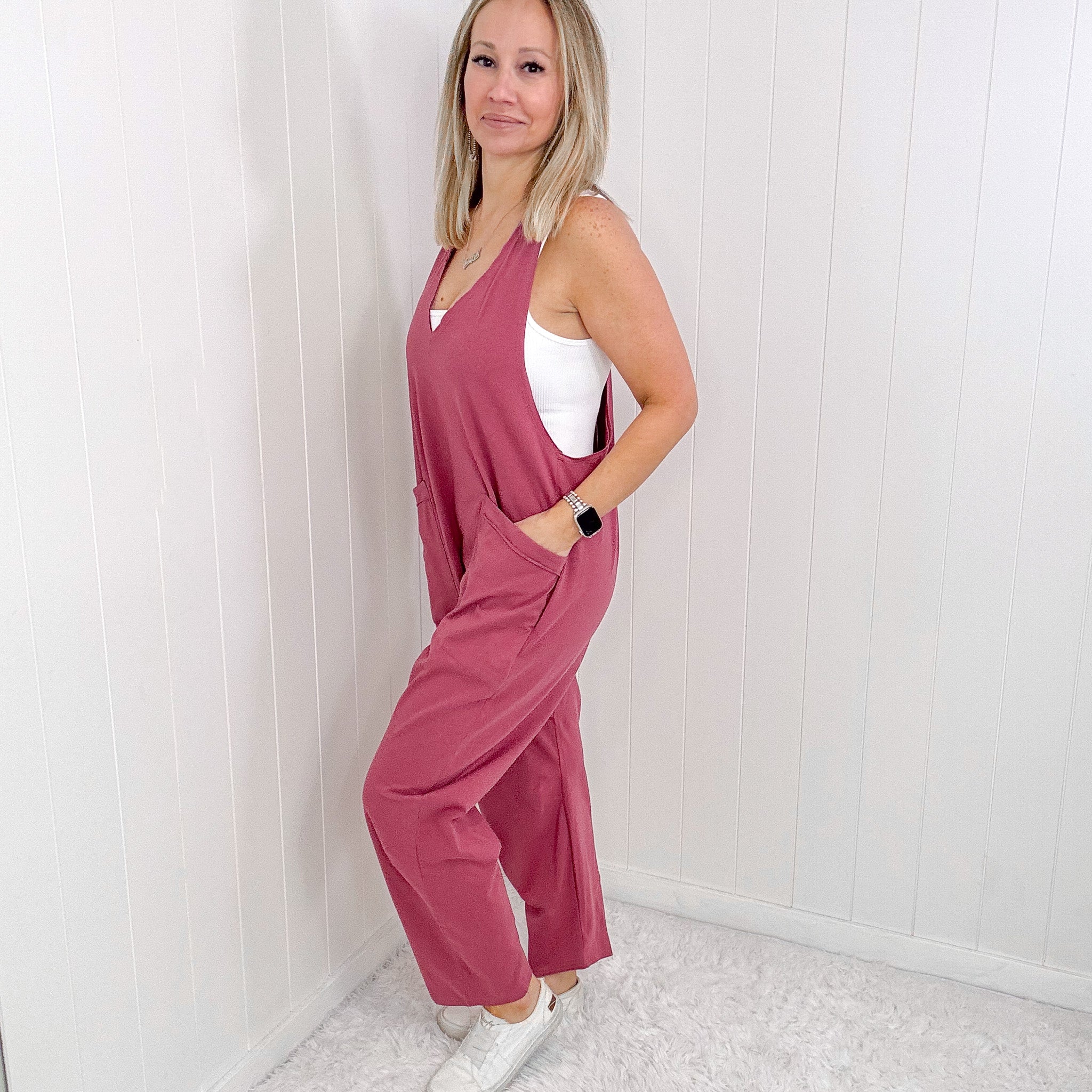 Dark Rose Sleeveless Jumpsuit with Pockets