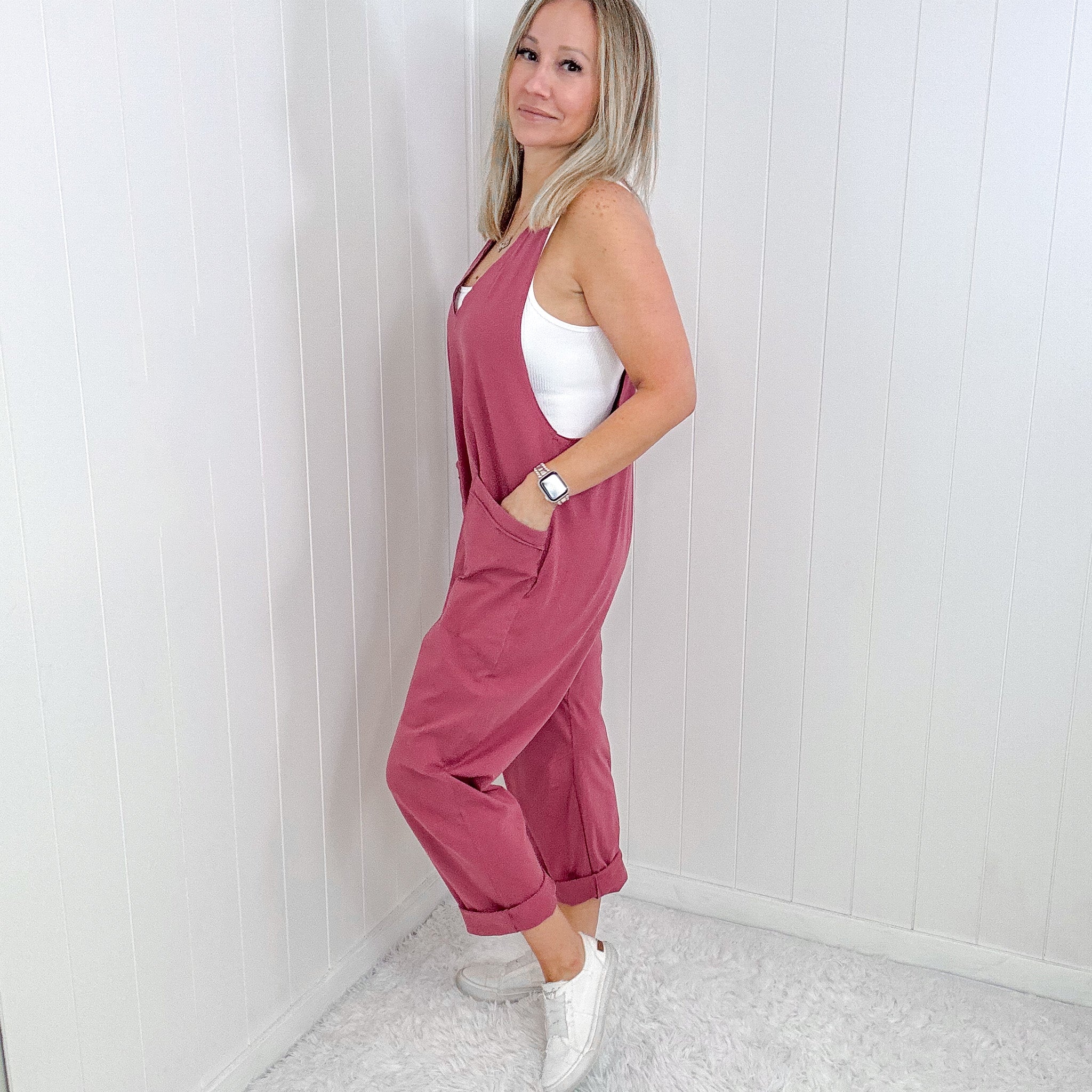 Dark Rose Sleeveless Jumpsuit with Pockets