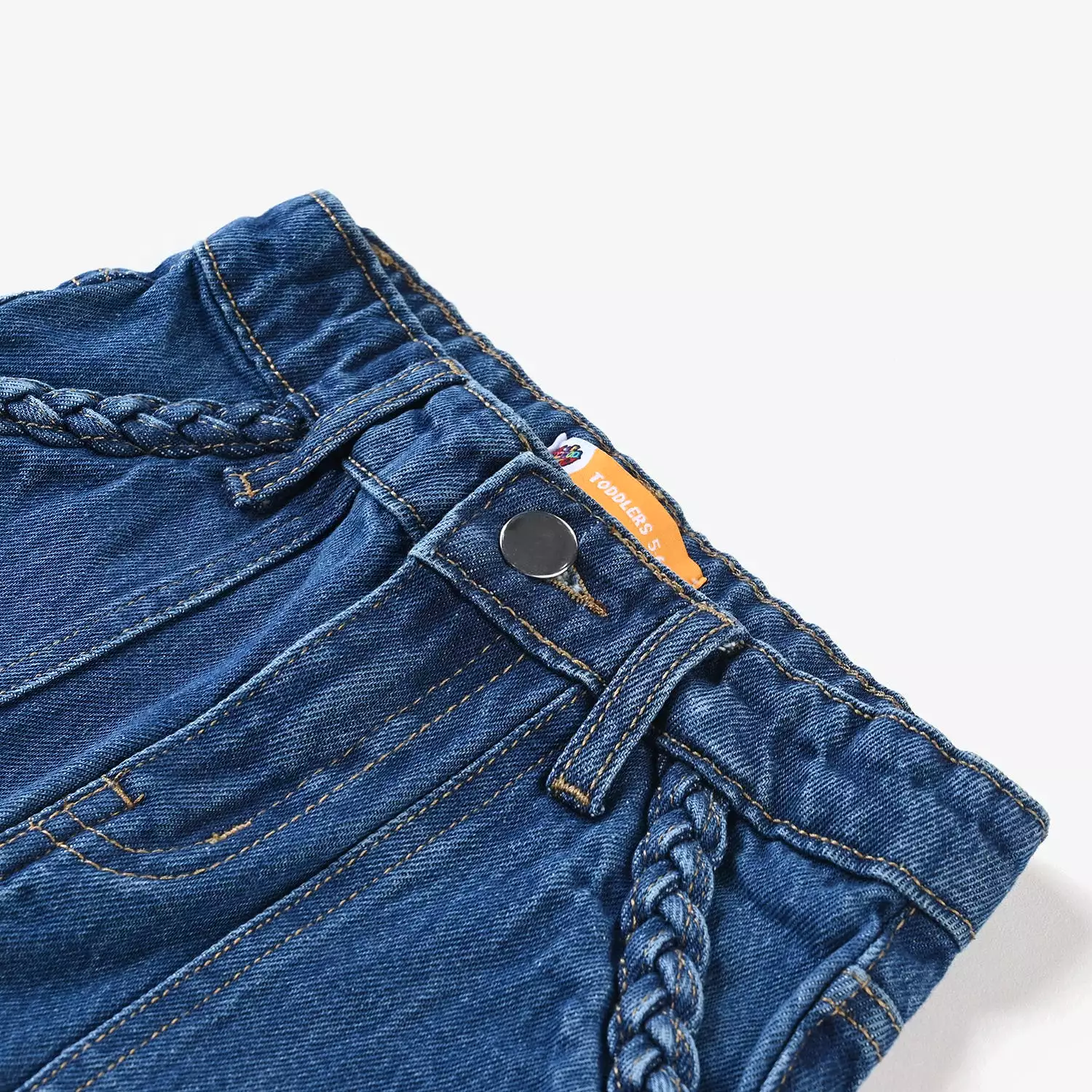 Denim blue stretch culotte for girls with braided design.