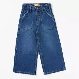 Denim blue stretch culotte for girls with braided design.