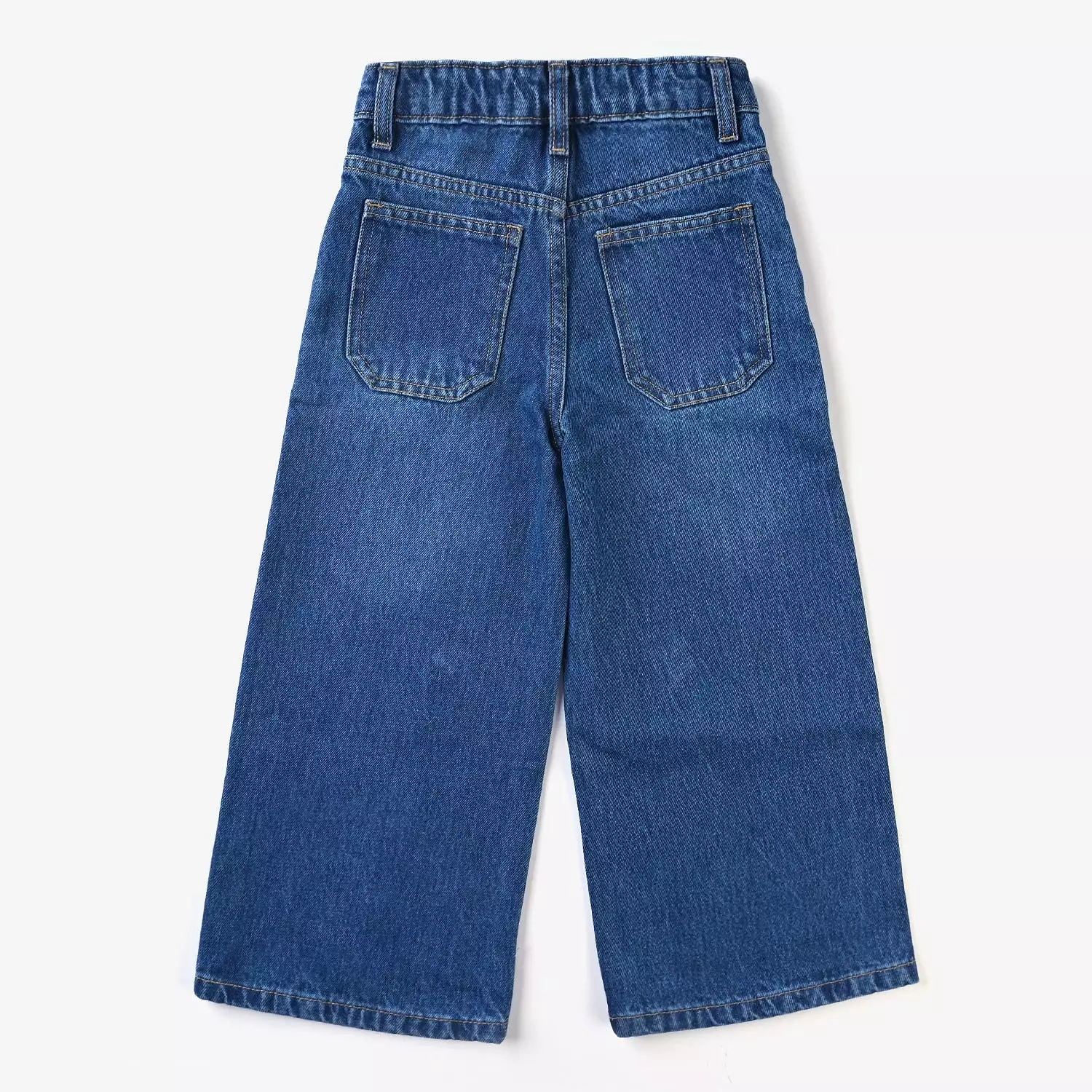 Denim blue stretch culotte for girls with braided design.