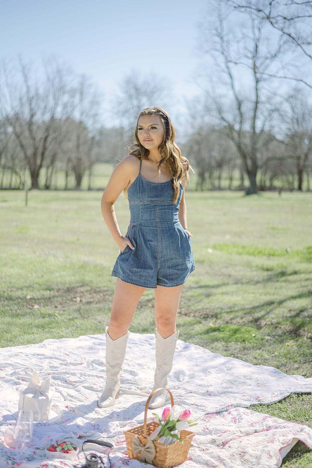 Denim Romper - Dark Wash, Tie Back