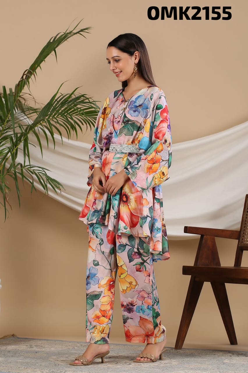 Designer Digital Print Muslin Co-ord Set with Palazo Bottom & Complimentary Belt - FOF001CS