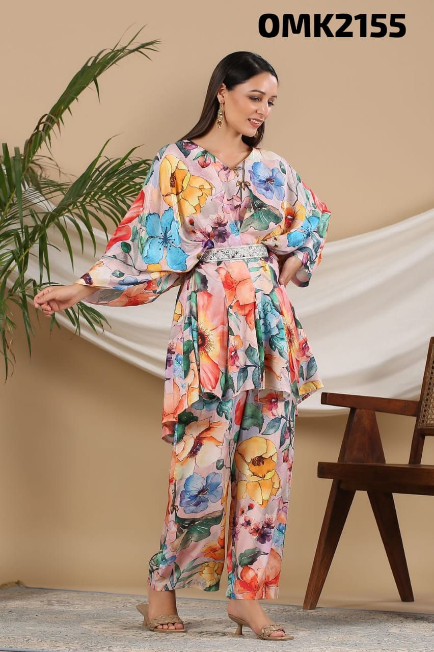 Designer Digital Print Muslin Co-ord Set with Palazo Bottom & Complimentary Belt - FOF001CS