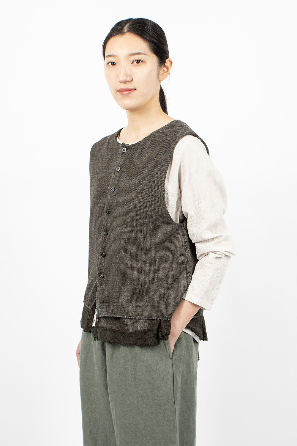 Double Layer Knit Vest - Charcoal Khaki