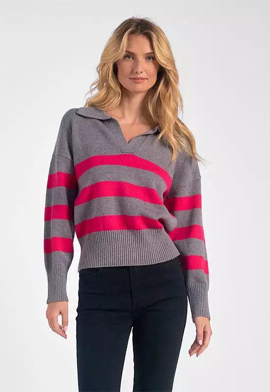 Elan Collared V-Neck Sweater Grey Fuchsia