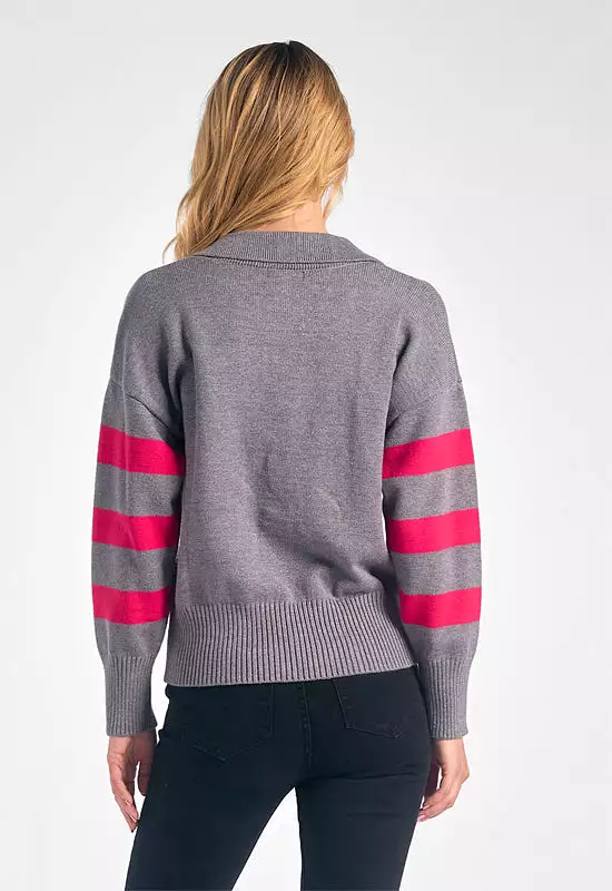 Elan Collared V-Neck Sweater Grey Fuchsia