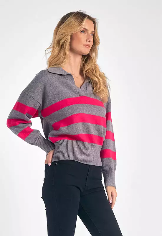 Elan Collared V-Neck Sweater Grey Fuchsia