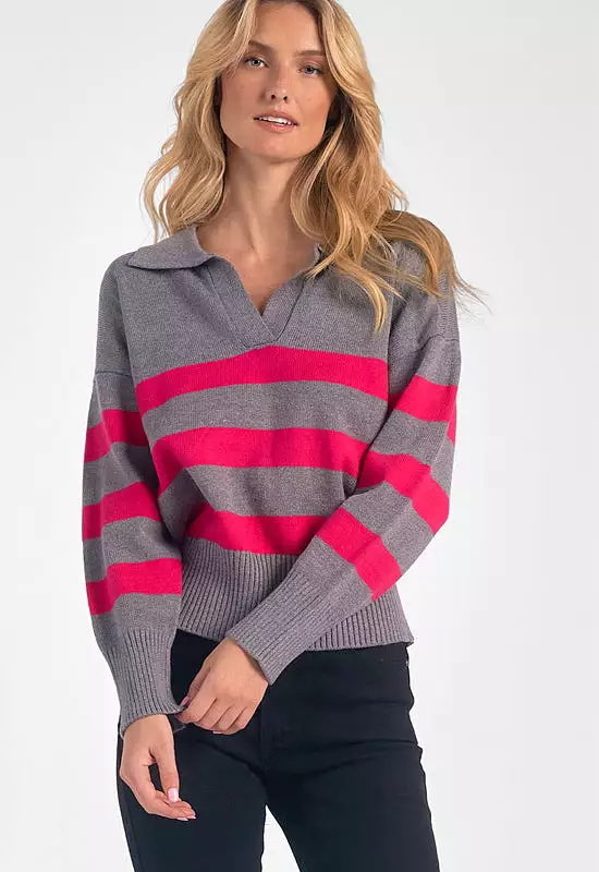 Elan Collared V-Neck Sweater Grey Fuchsia