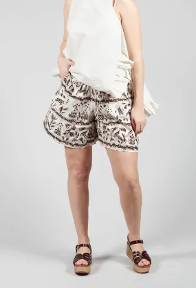 Beige Print Elastic Waistband Shorts.