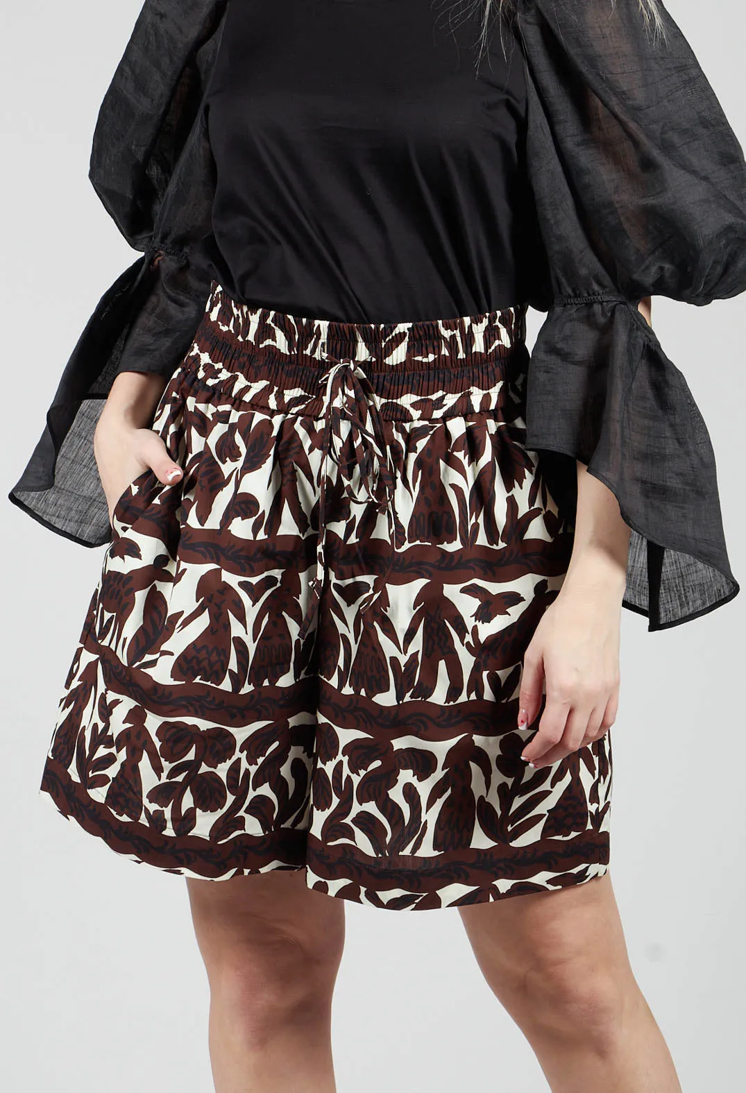 Brown Print Elastic Waistband Shorts