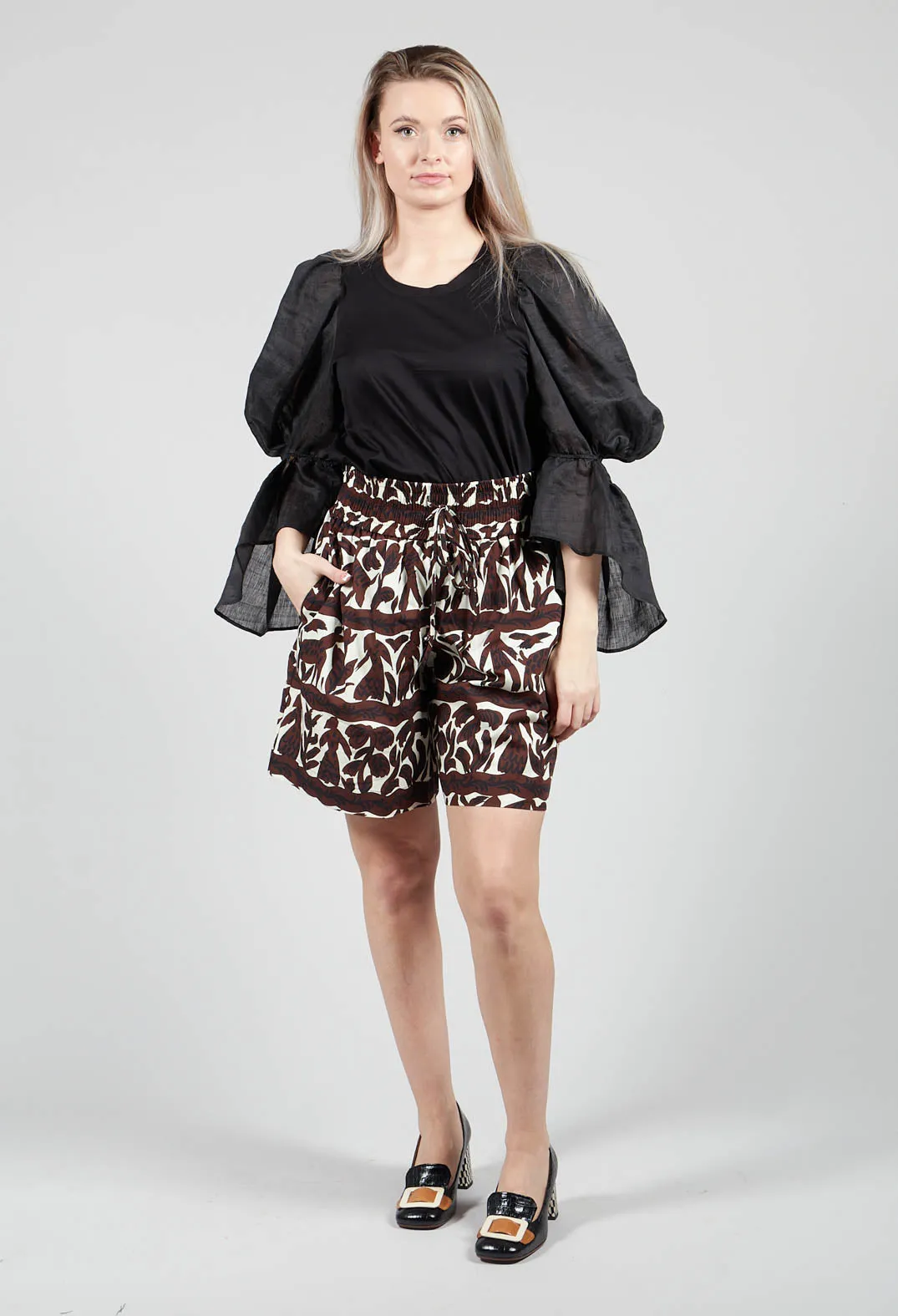 Brown Print Elastic Waistband Shorts