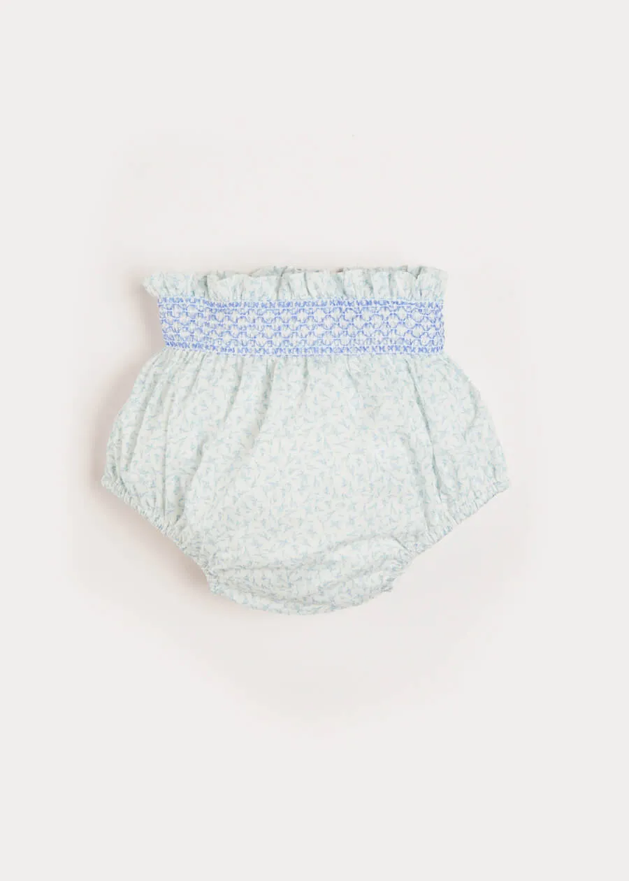 Elsie Floral Bloomers Smocked Waistband Blue (1-6mths)