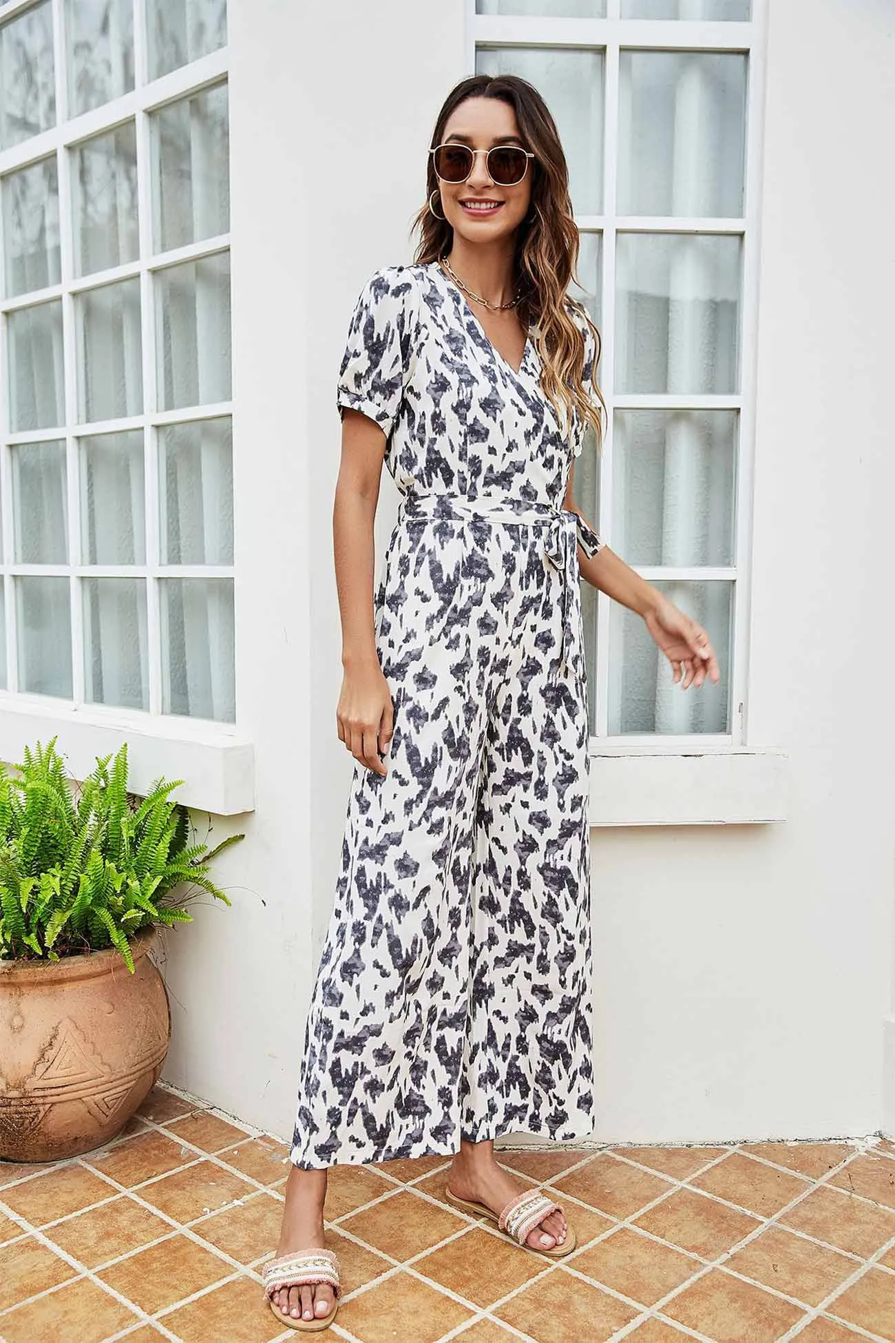 High Waist Jumpsuits with Floral Print and Tie-Front