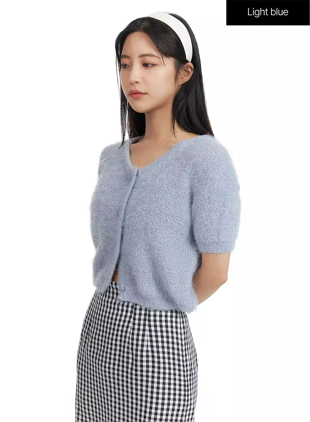 Fuzzy V-Neck Button Up Short Sleeve Sweater OF416