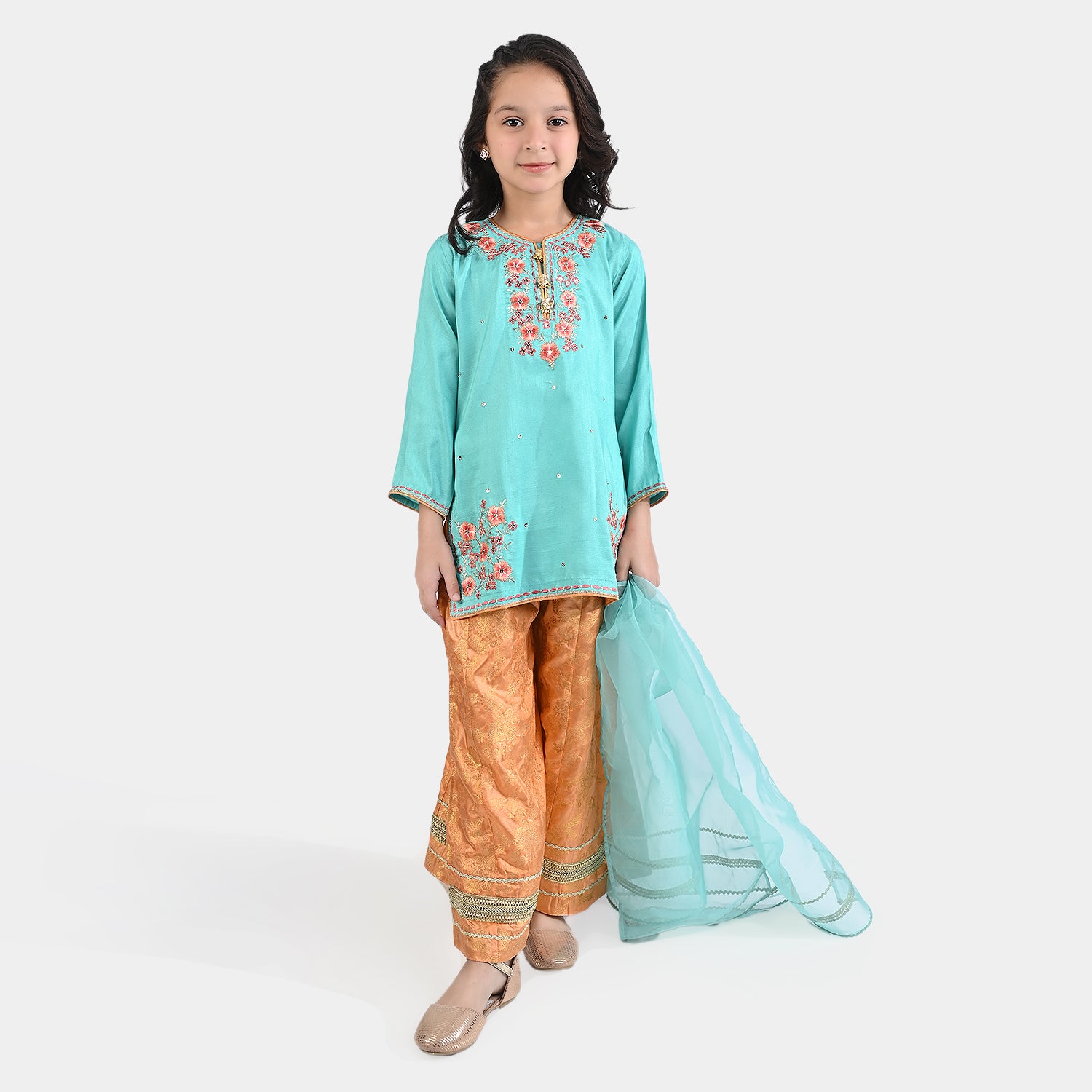 Girls Aqua Green Raw Silk 3PC Suit - Raqs-e-Bahar