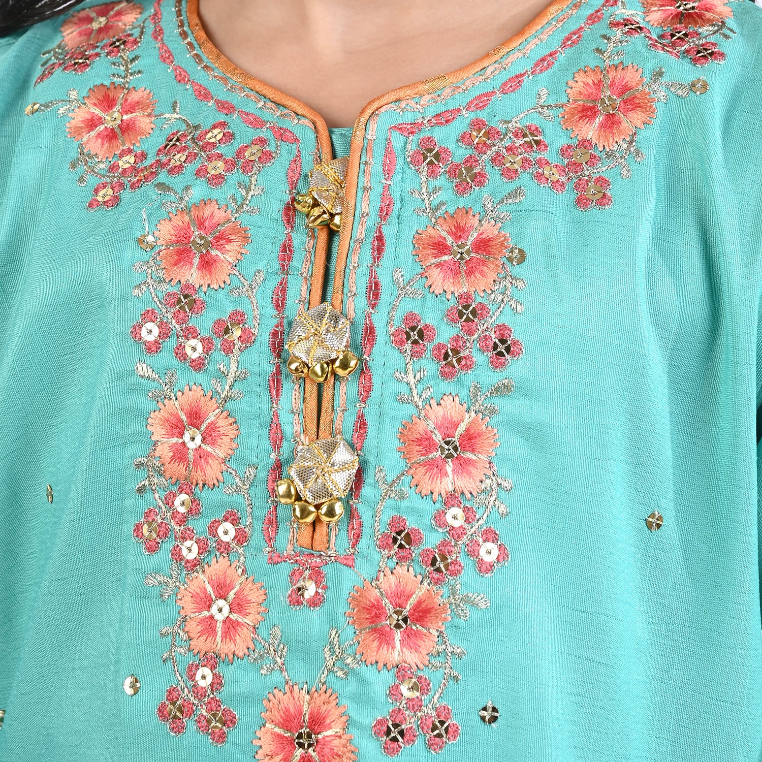 Girls Aqua Green Raw Silk 3PC Suit - Raqs-e-Bahar