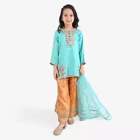 Girls Aqua Green Raw Silk 3PC Suit - Raqs-e-Bahar