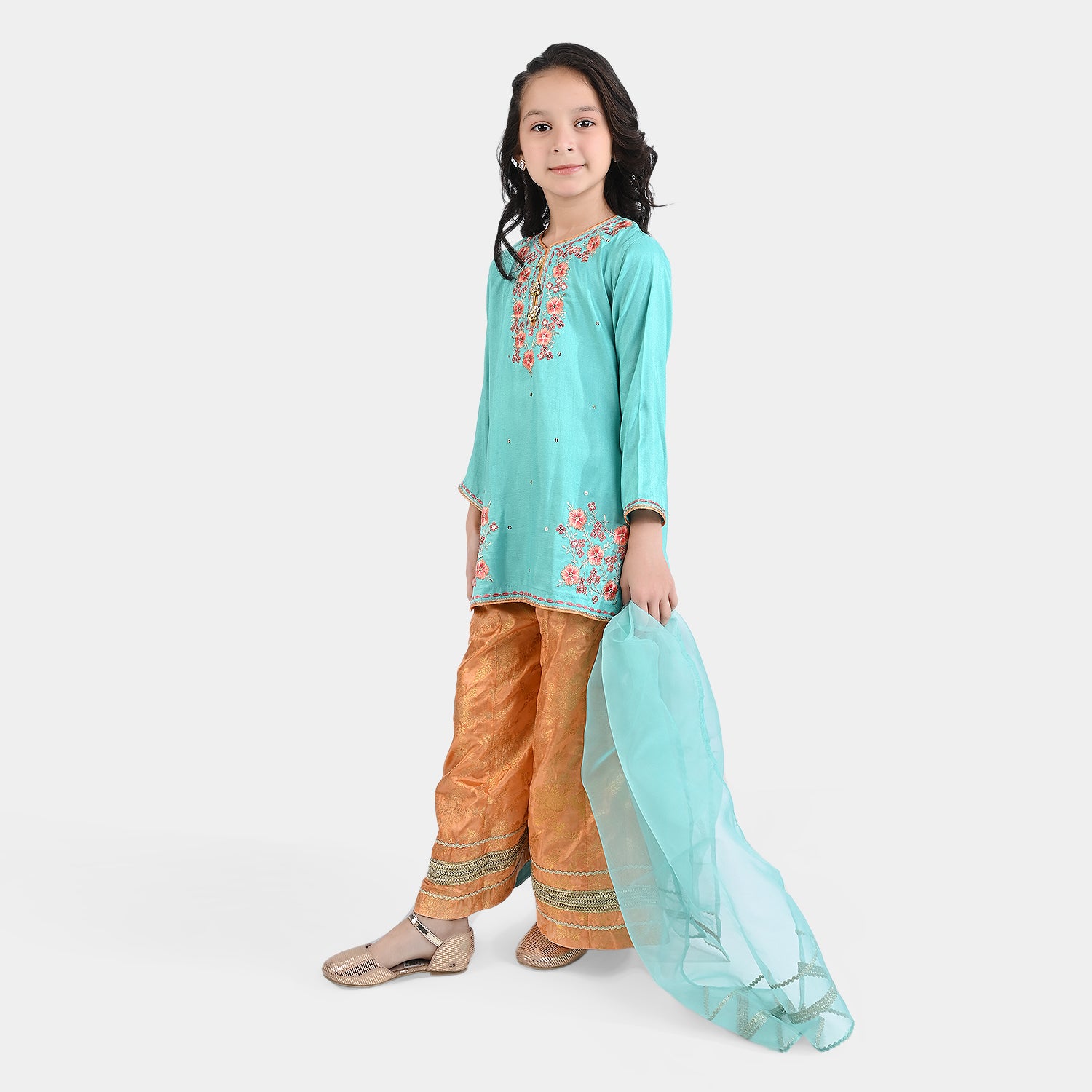 Girls Aqua Green Raw Silk 3PC Suit - Raqs-e-Bahar