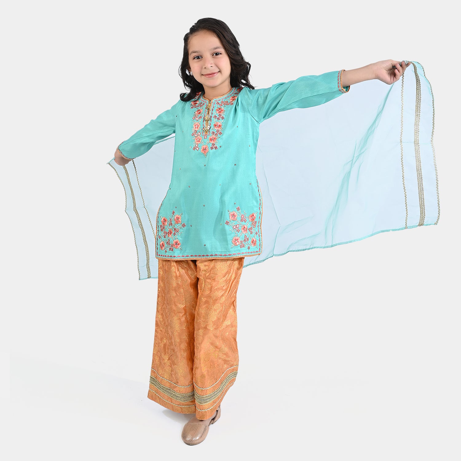 Girls Aqua Green Raw Silk 3PC Suit - Raqs-e-Bahar