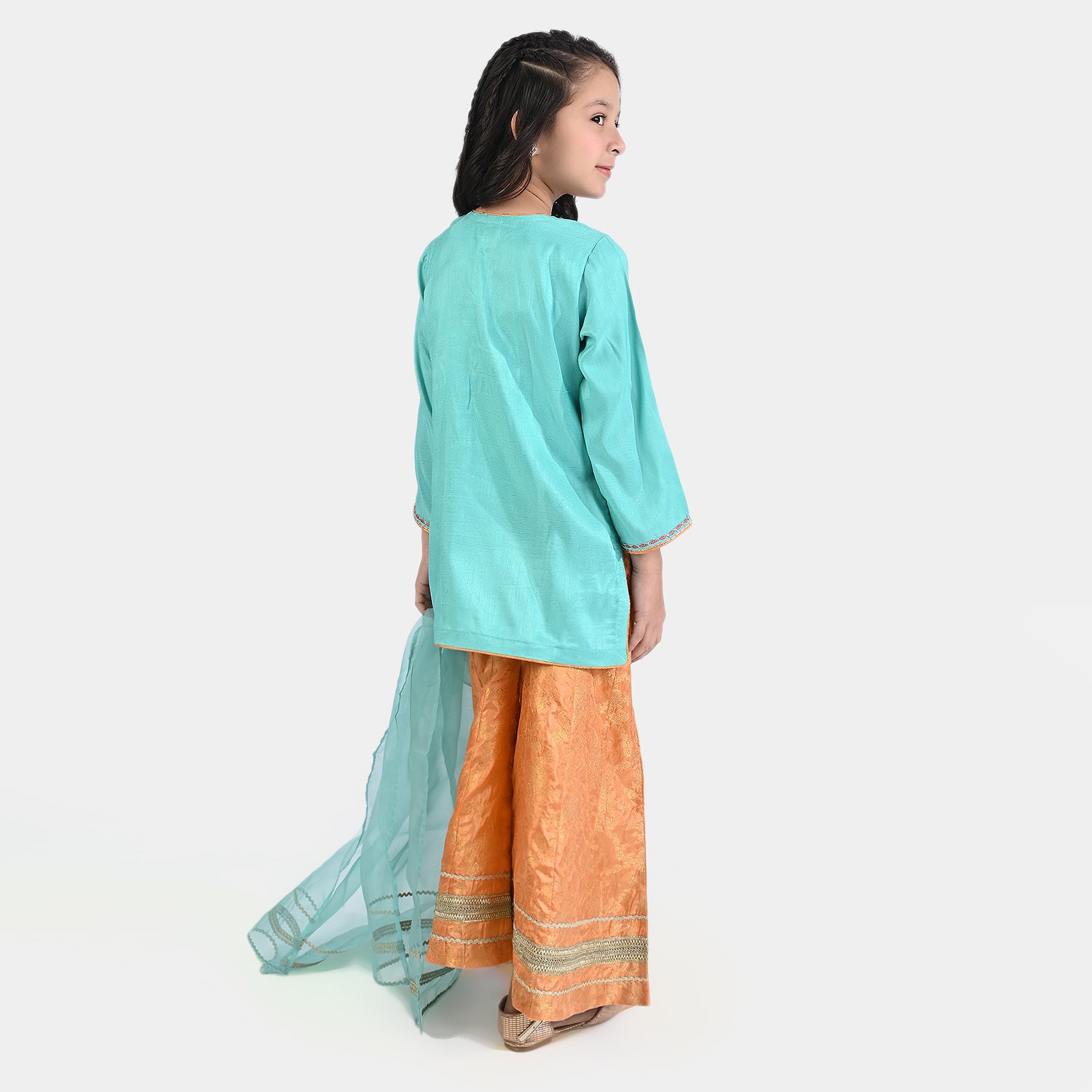 Girls Aqua Green Raw Silk 3PC Suit - Raqs-e-Bahar