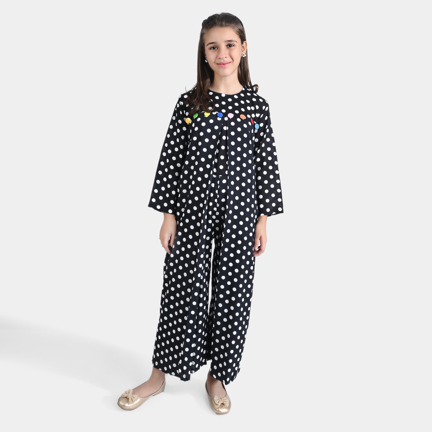 Girls Black Viscose Jumpsuit with Circle Pattern