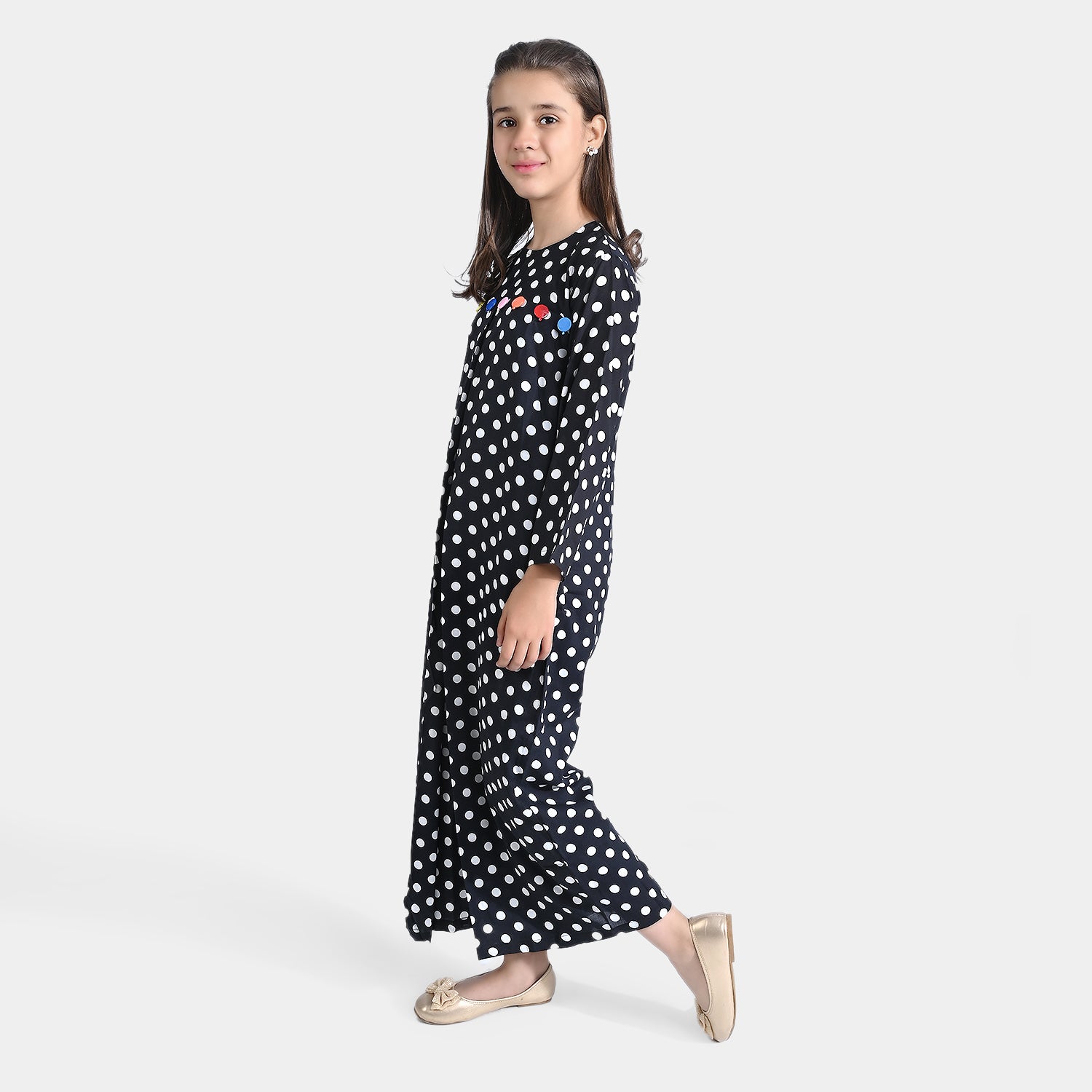 Girls Black Viscose Jumpsuit with Circle Pattern