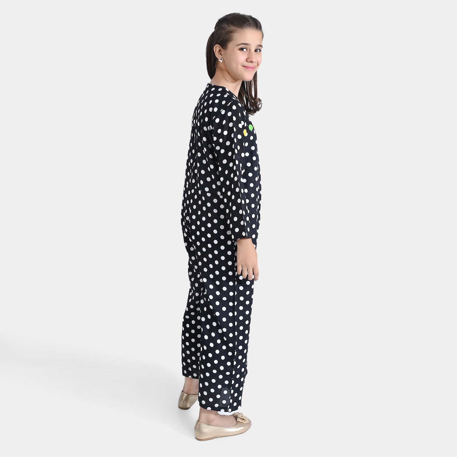 Girls Black Viscose Jumpsuit with Circle Pattern