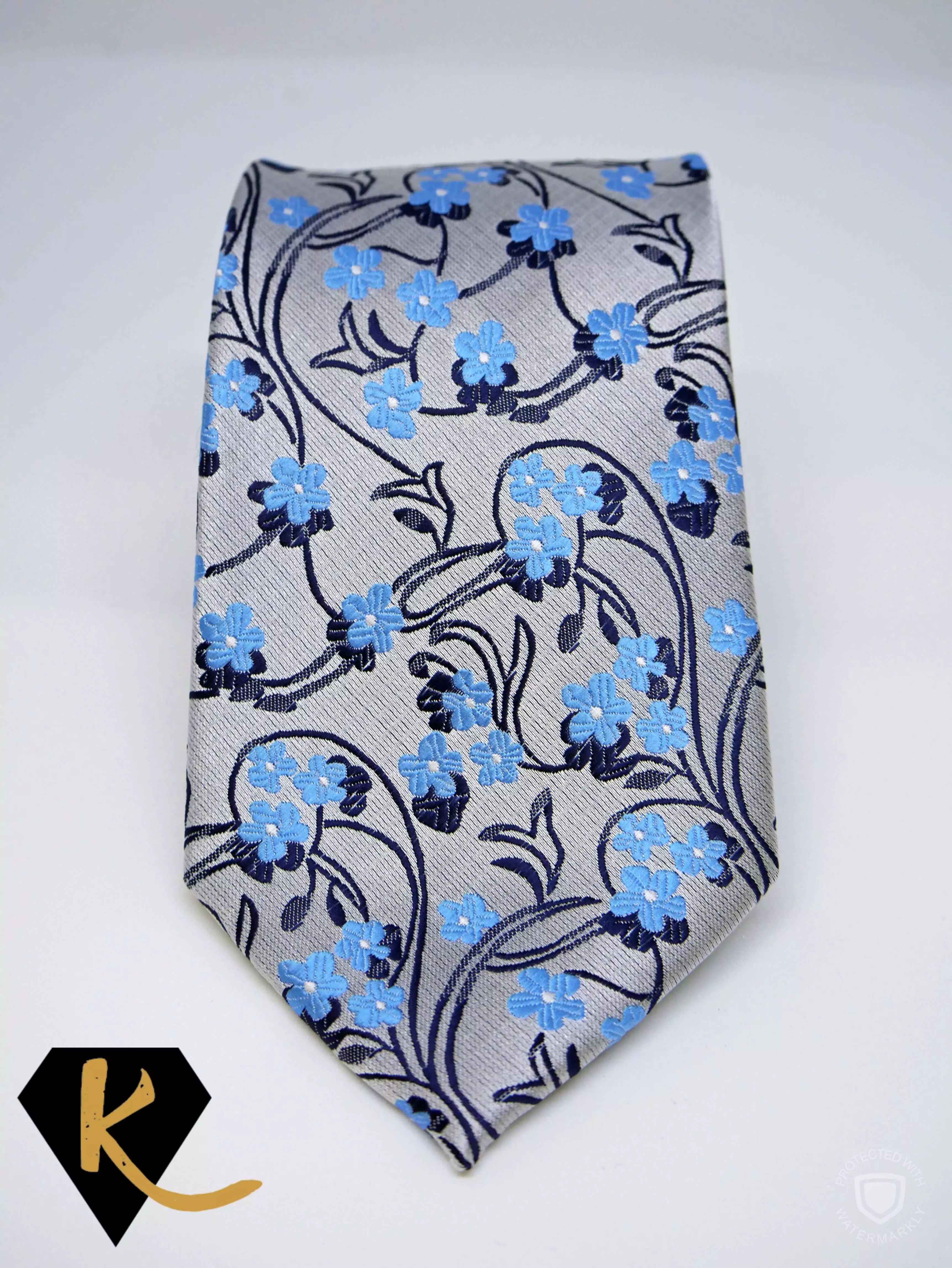 Grey Blue Paisley Floral Necktie