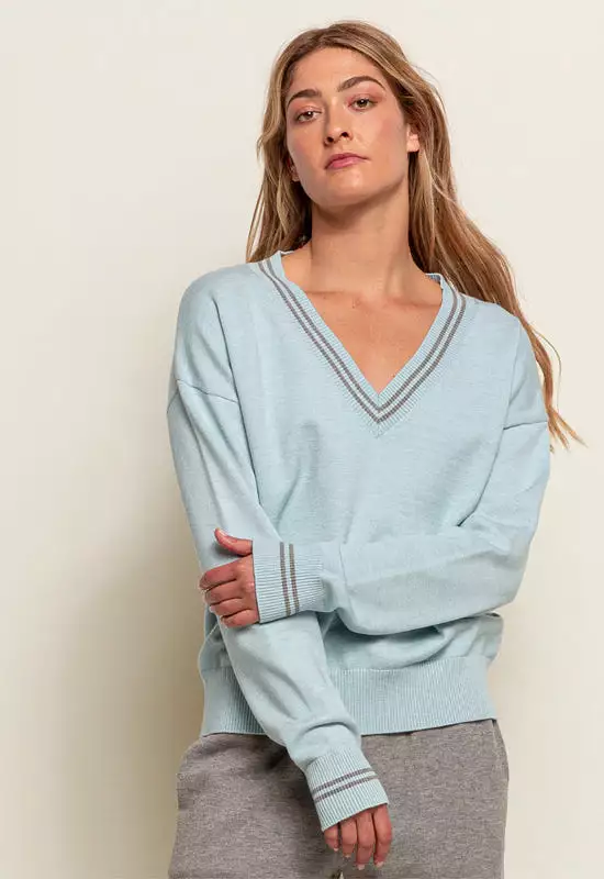 Grey Blue V-Neck Sweater - Red Haute