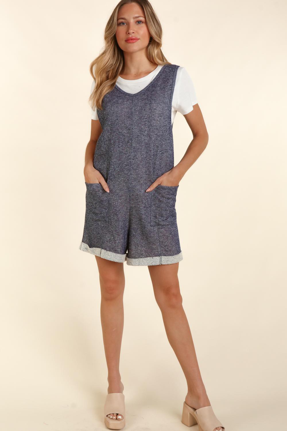 Haptics Two Tone Denim Romper with Pockets