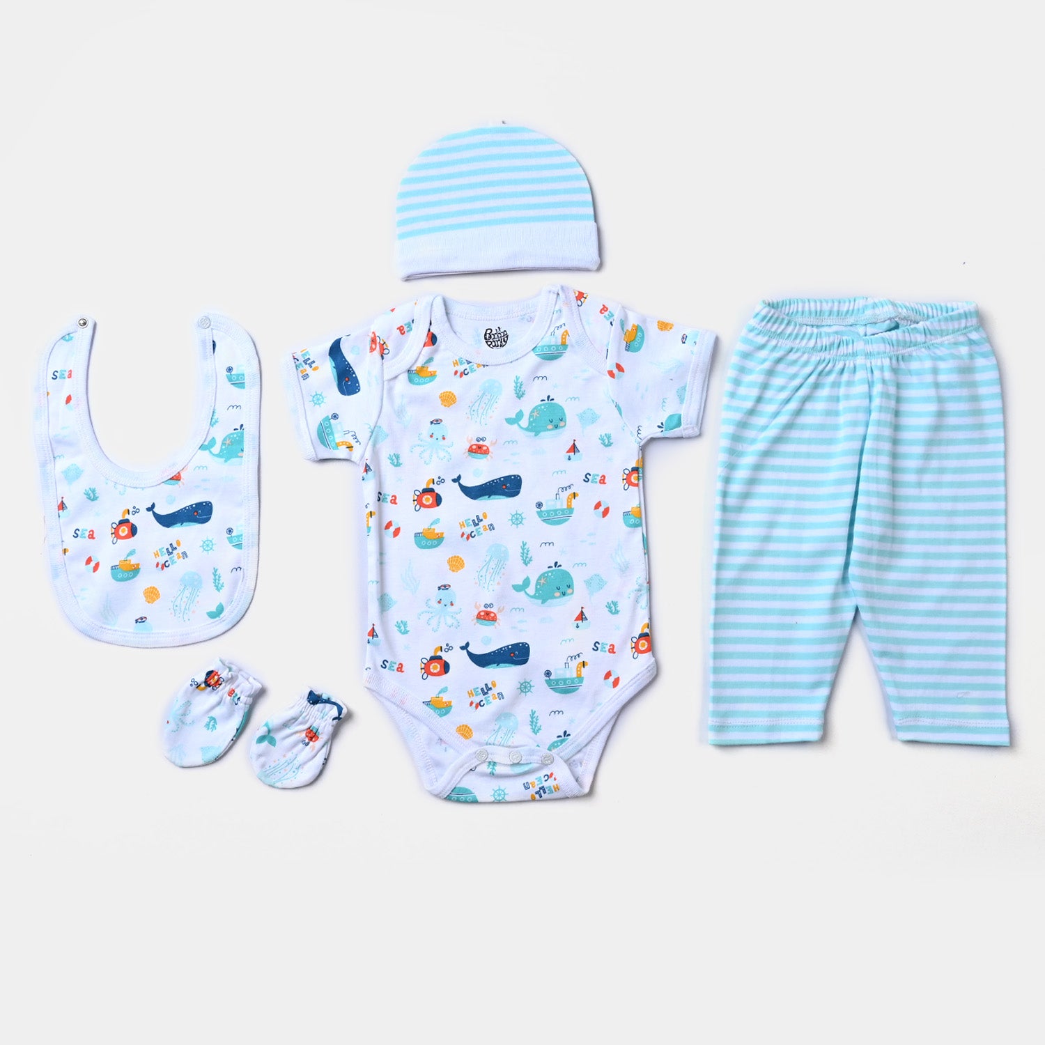 Infant Boys Cotton Poplin Set (Romper/Pyjama/Cap/Mittons/Bib)