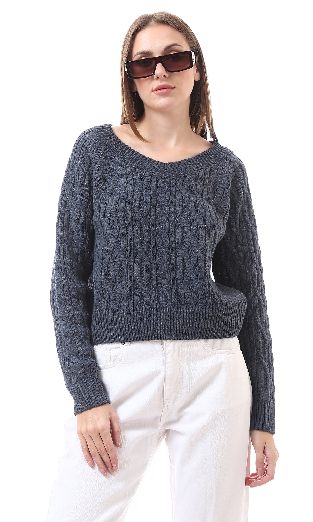 Light Navy Blue Knitted Deep V-Neck Slip On Pullover - O172551