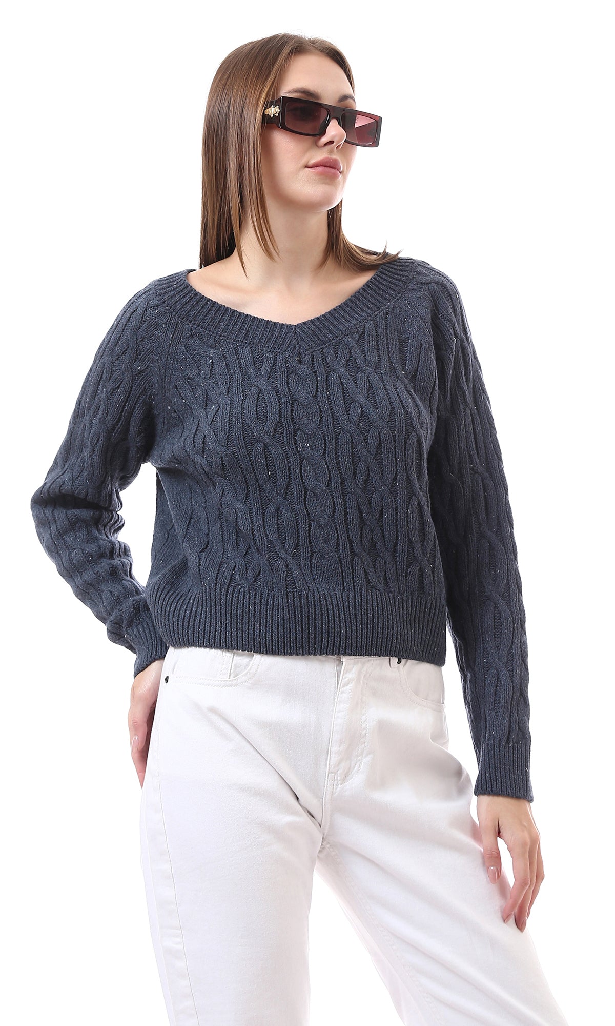 Light Navy Blue Knitted Deep V-Neck Slip On Pullover - O172551